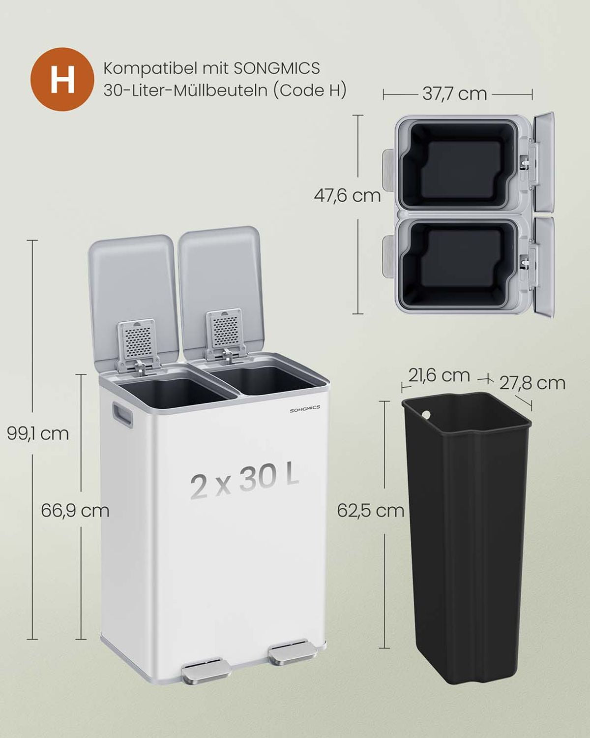 Prullenbak met 2 Compartimenten en Soft-close Deksel, 2x30 Liter
