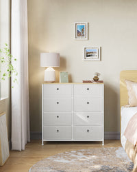 Ladekast met 8 Stoffen Lades en Metalen Frame, Crèmewit met Eiken, 30 x 80 x 81,5 cm