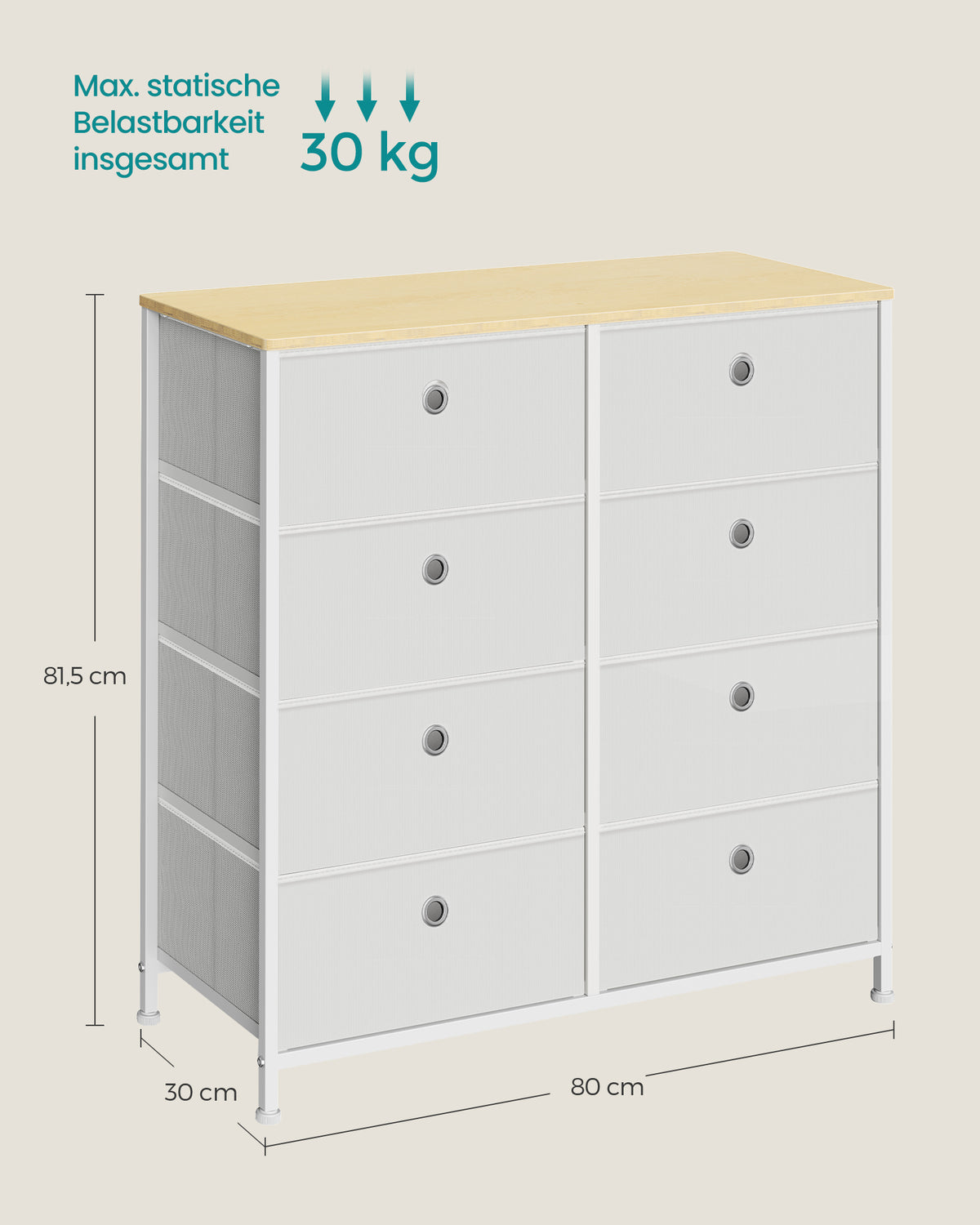 Ladekast met 8 Stoffen Lades en Metalen Frame, Crèmewit met Eiken, 30 x 80 x 81,5 cm