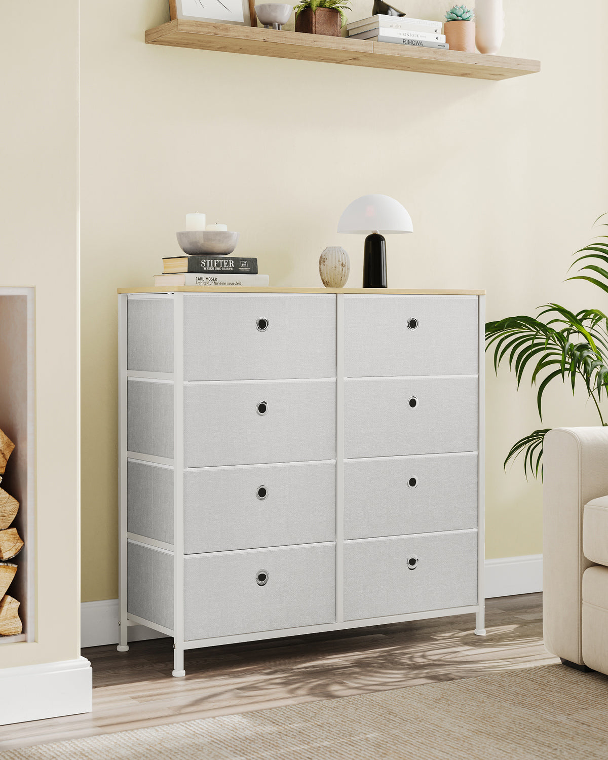 Ladekast met 8 Stoffen Lades en Metalen Frame, Crèmewit met Eiken, 30 x 80 x 81,5 cm