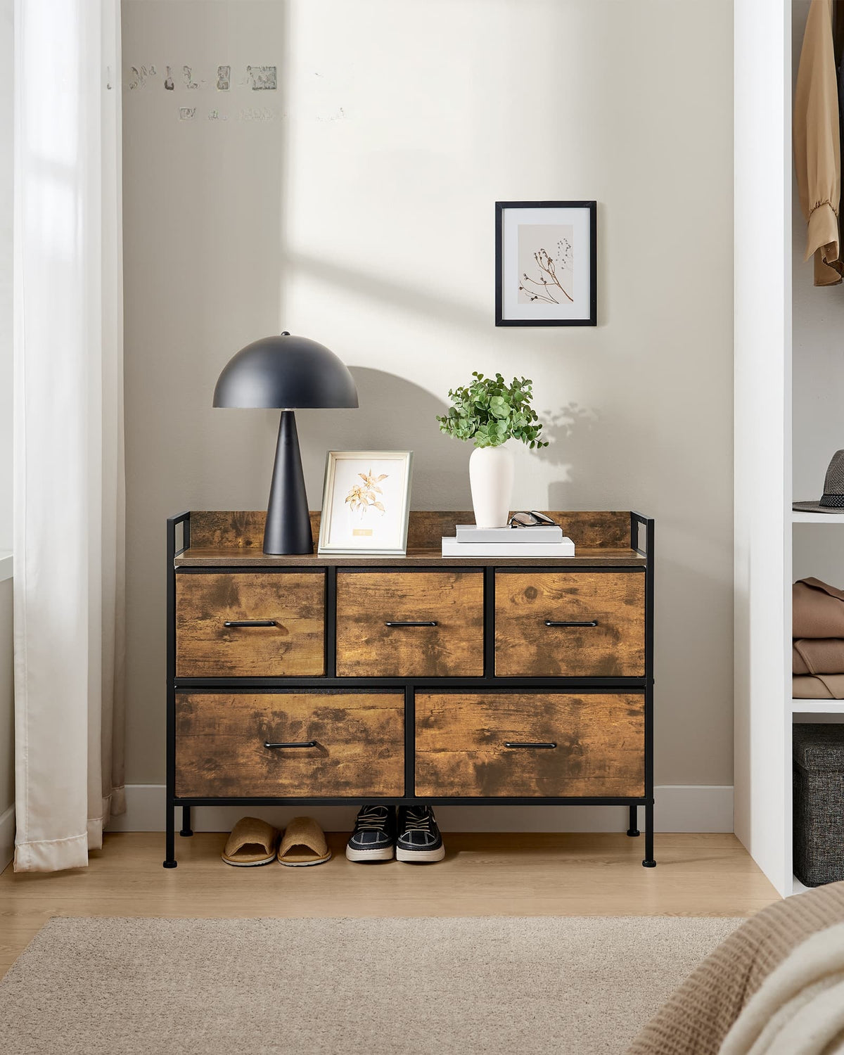 Ladekast met 5 Stoffen Lades met Handgrepen en Stalen Frame, 29 x 98,2 x 70 cm