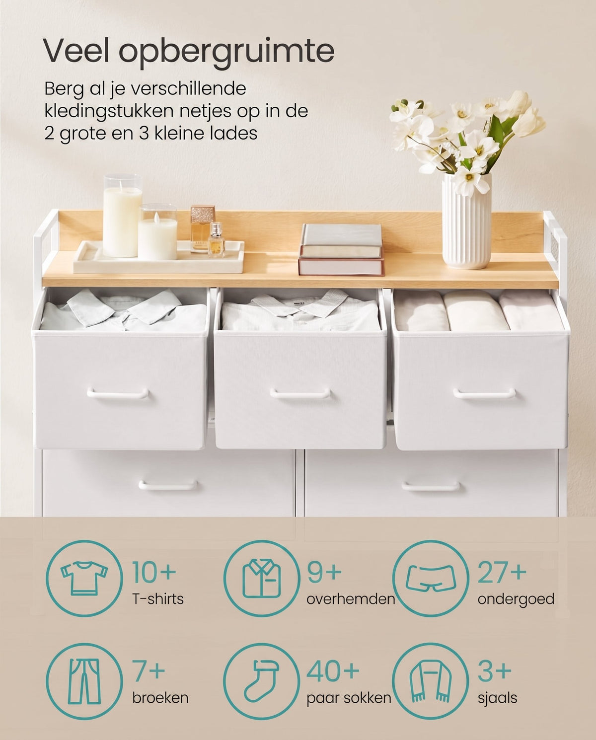 Ladekast met 5 Stoffen Lades met Handgrepen en Stalen Frame, 29 x 98,2 x 70 cm