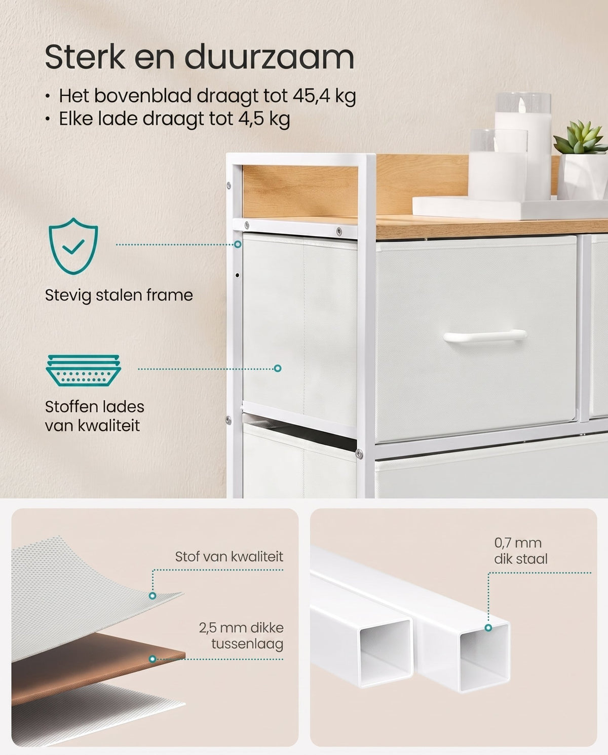 Ladekast met 5 Stoffen Lades met Handgrepen en Stalen Frame, 29 x 98,2 x 70 cm