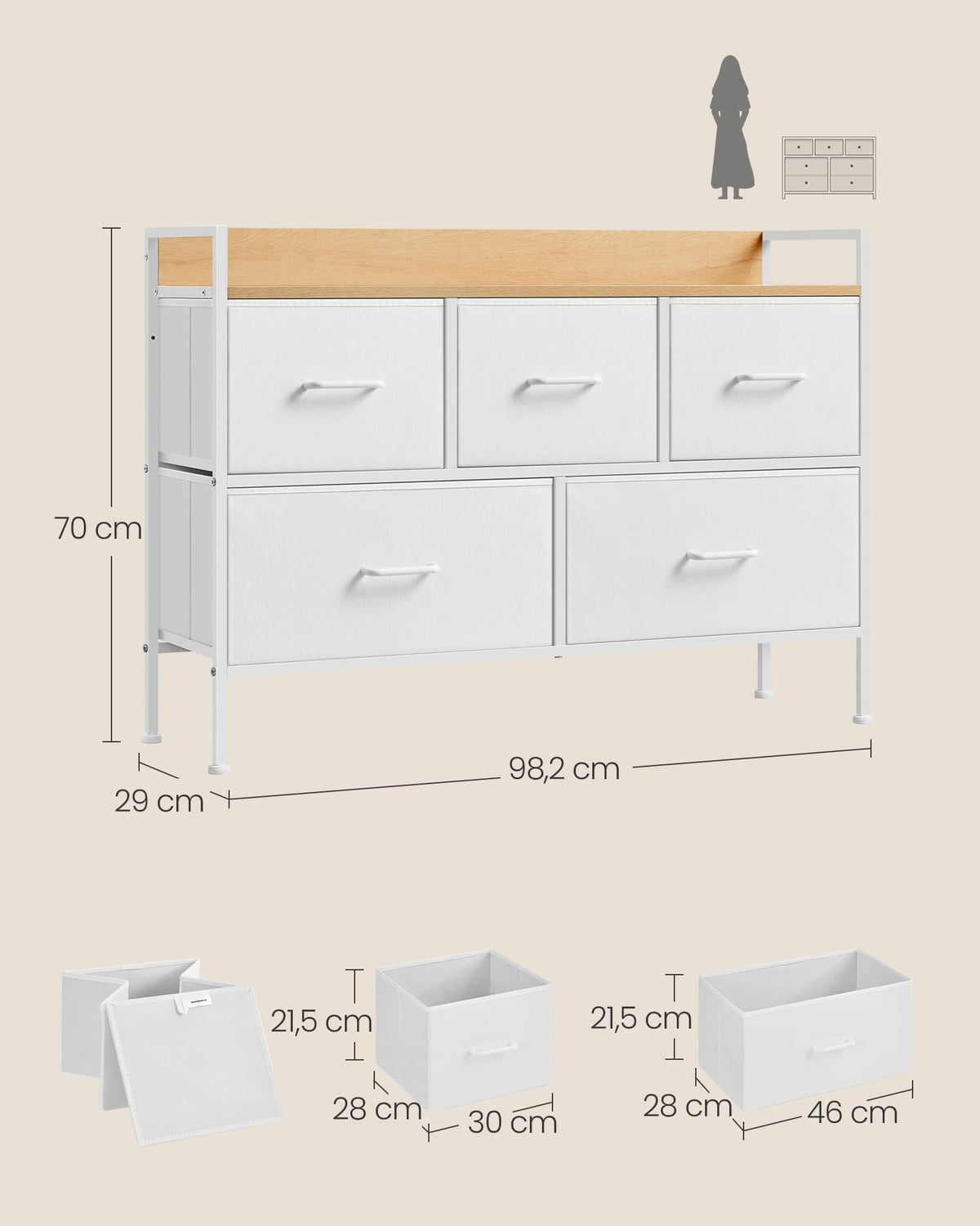 Ladekast met 5 Stoffen Lades met Handgrepen en Stalen Frame, 29 x 98,2 x 70 cm