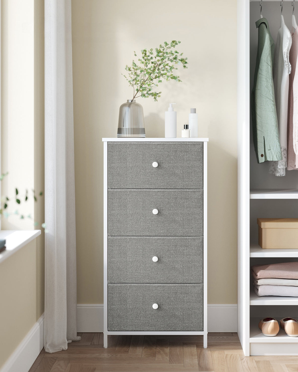 Hoge Smalle Ladekast met 4 Stoffen Lades en Metalen Frame, 30 x 45 x 91,7 cm