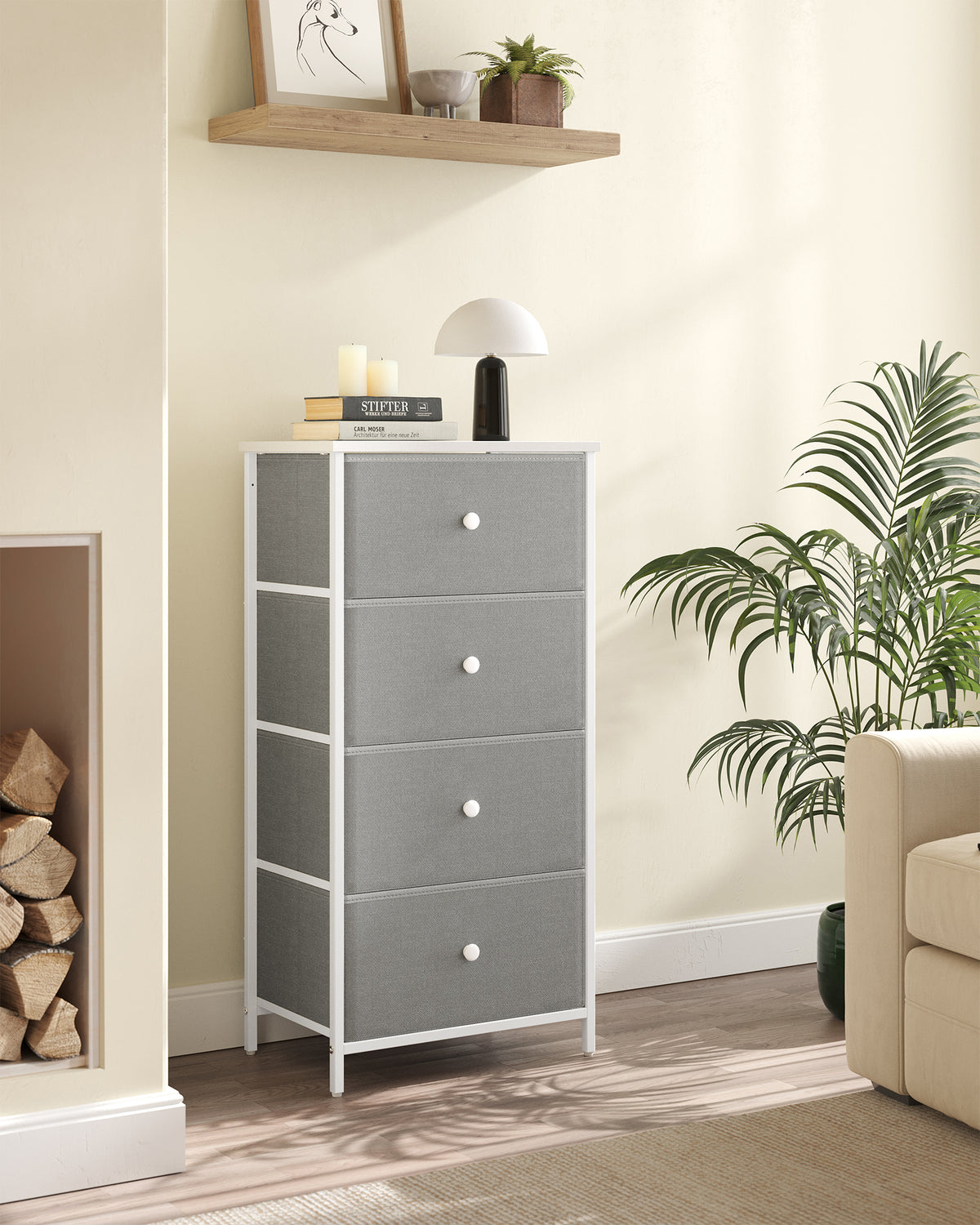 Hoge Smalle Ladekast met 4 Stoffen Lades en Metalen Frame, 30 x 45 x 91,7 cm