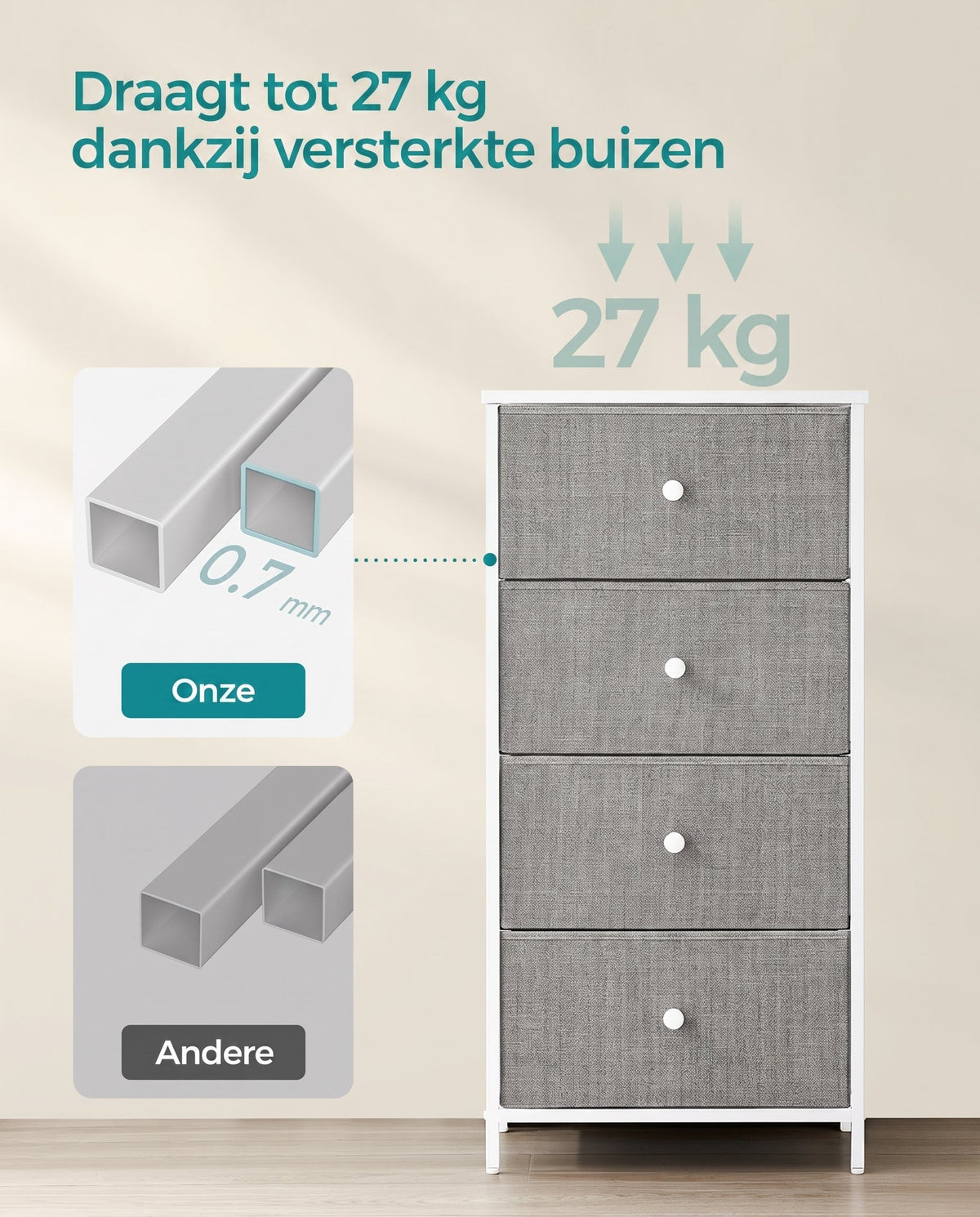 Hoge Smalle Ladekast met 4 Stoffen Lades en Metalen Frame, 30 x 45 x 91,7 cm
