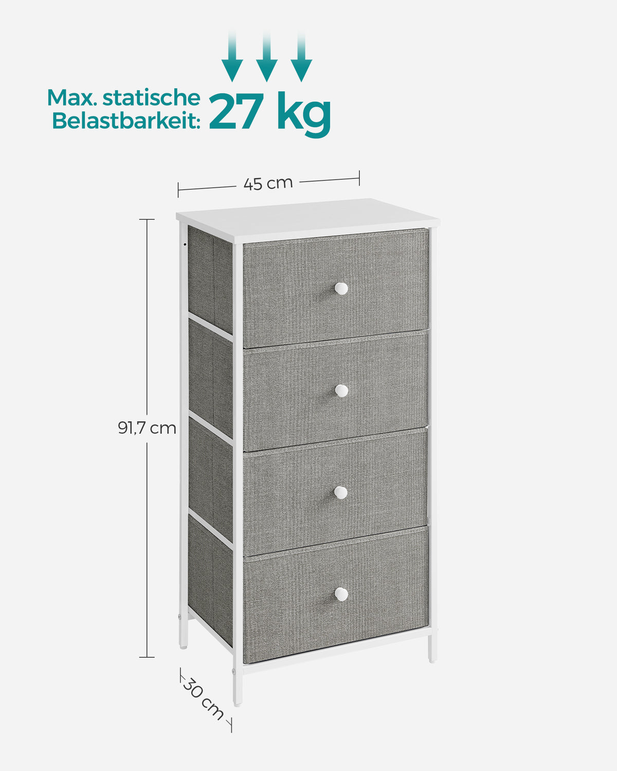 Hoge Smalle Ladekast met 4 Stoffen Lades en Metalen Frame, 30 x 45 x 91,7 cm