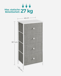 Hoge Smalle Ladekast met 4 Stoffen Lades en Metalen Frame, 30 x 45 x 91,7 cm