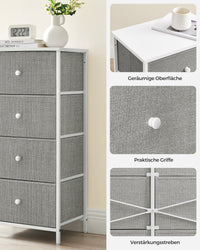 Hoge Smalle Ladekast met 4 Stoffen Lades en Metalen Frame, 30 x 45 x 91,7 cm