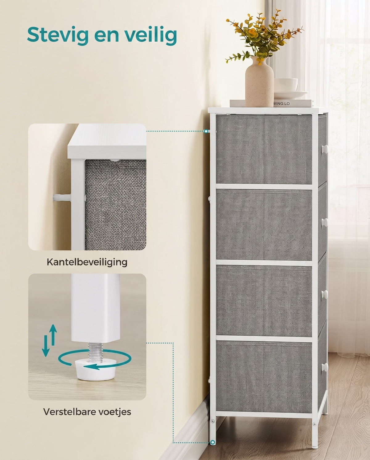 Hoge Smalle Ladekast met 4 Stoffen Lades en Metalen Frame, 30 x 45 x 91,7 cm