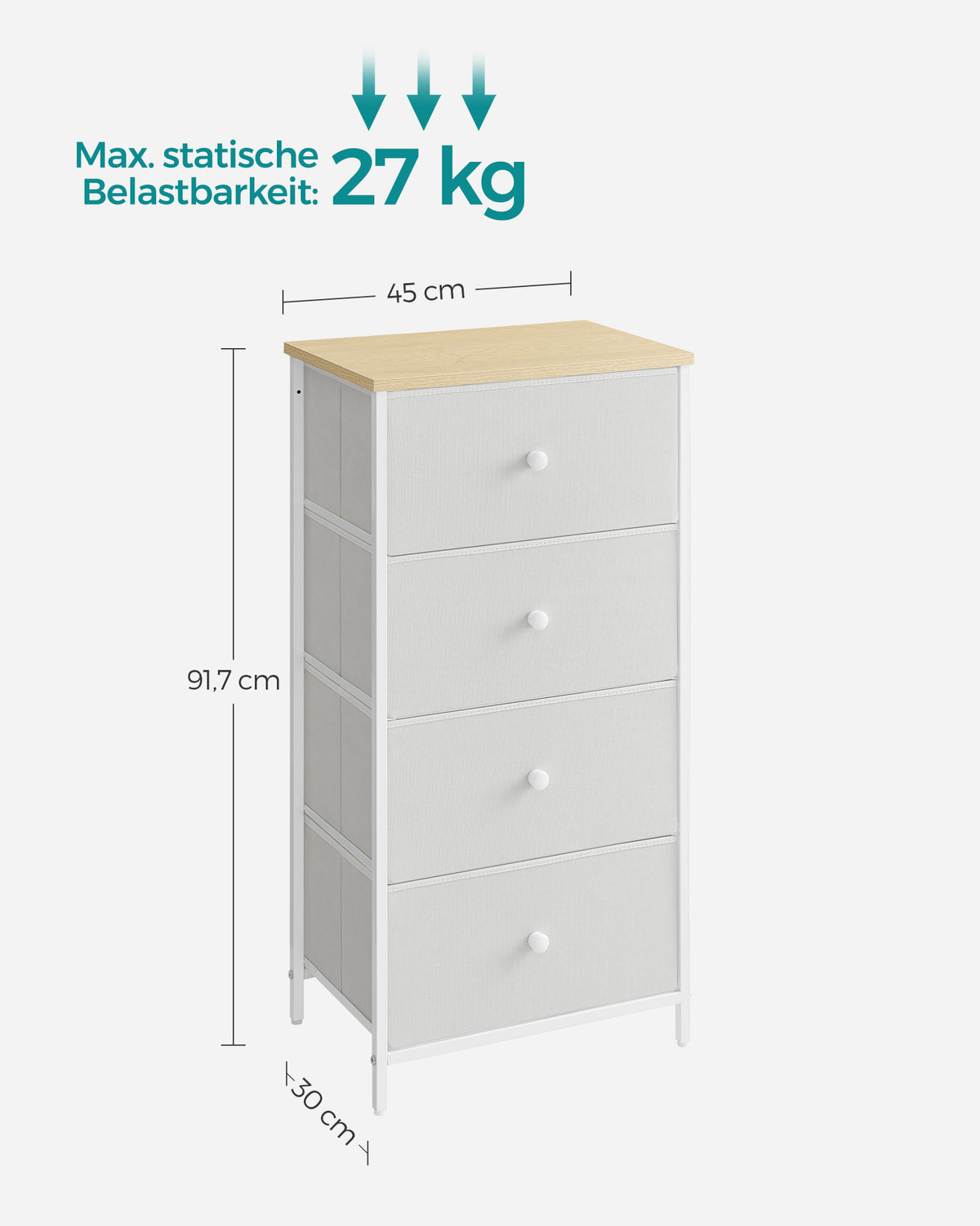 Hoge Smalle Ladekast met 4 Stoffen Lades en Metalen Frame, 30 x 45 x 91,7 cm