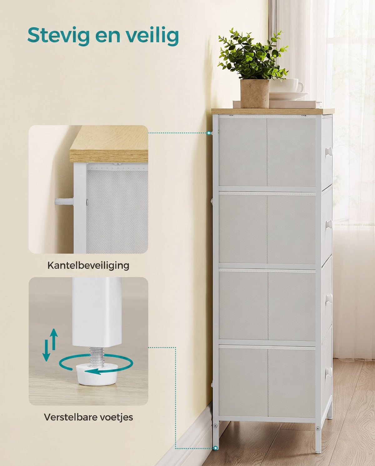 Hoge Smalle Ladekast met 4 Stoffen Lades en Metalen Frame, 30 x 45 x 91,7 cm