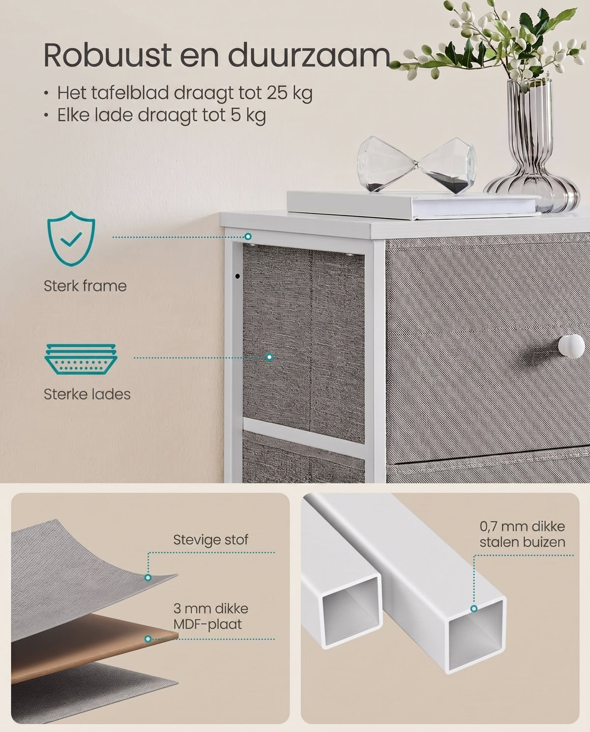 Hoge Smalle Ladekast met 4 Stoffen Lades en Metalen Frame, 30 x 45 x 91,7 cm
