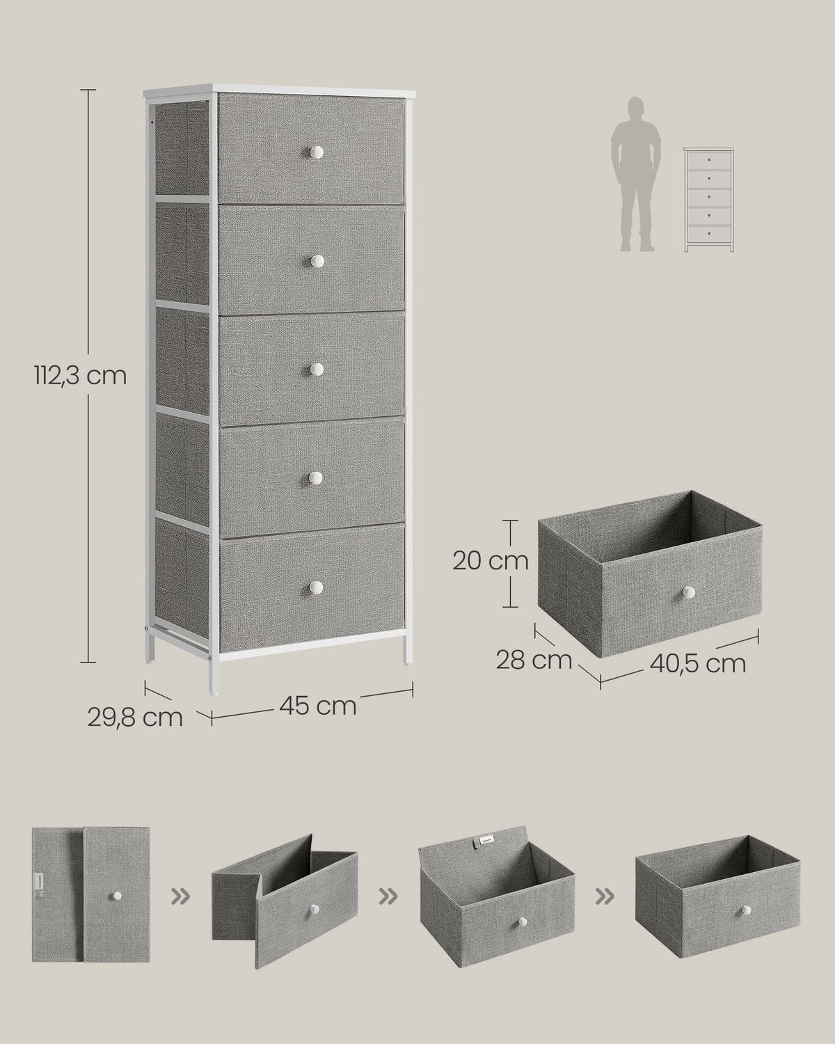 Hoge Smalle Ladekast met 4 Stoffen Lades en Metalen Frame, 30 x 45 x 91,7 cm