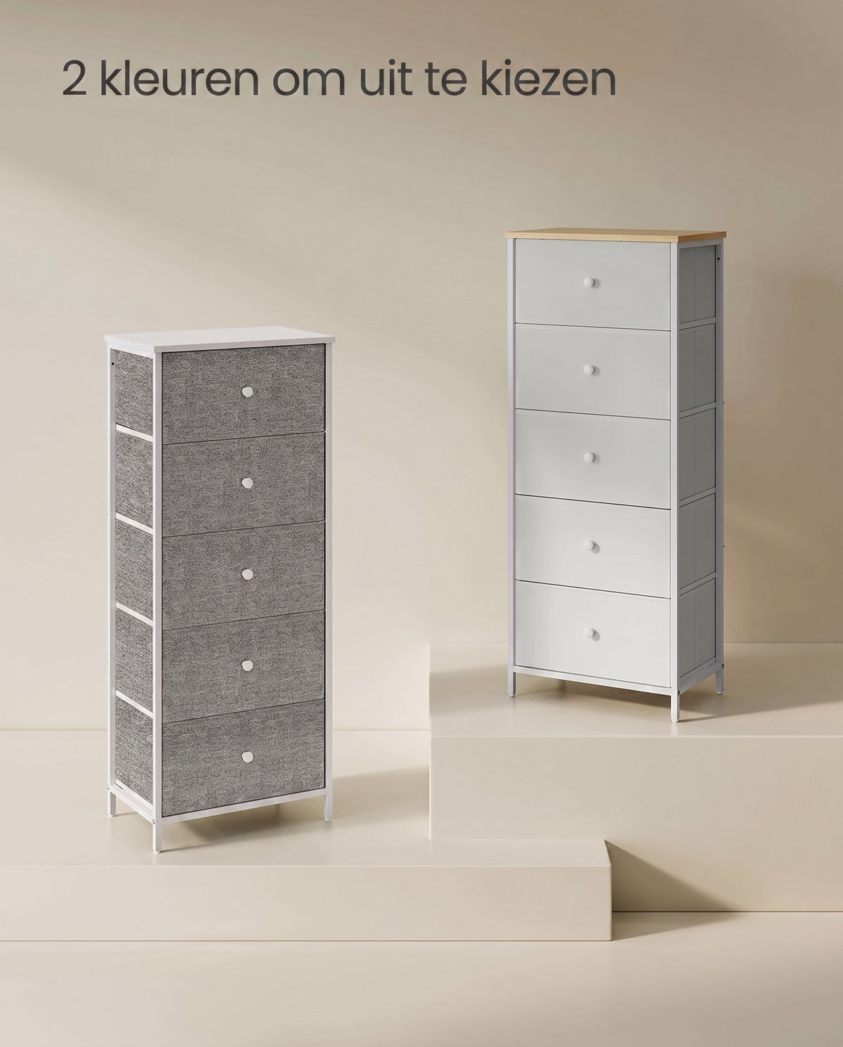 Hoge Smalle Ladekast met 4 Stoffen Lades en Metalen Frame, 30 x 45 x 91,7 cm