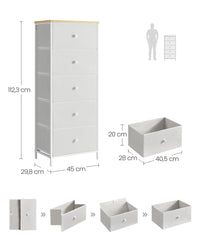 Hoge Smalle Ladekast met 4 Stoffen Lades en Metalen Frame, 30 x 45 x 91,7 cm