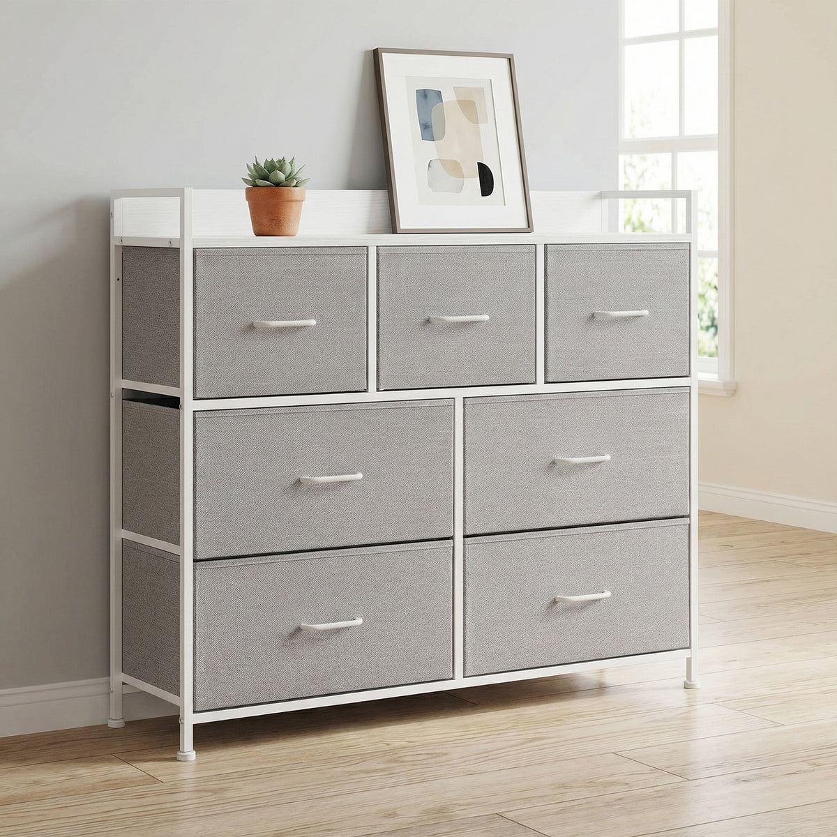Ladekast met 7 Stoffen Lades en Metalen Frame, 28,6 x 98,1 x 85,1 cm