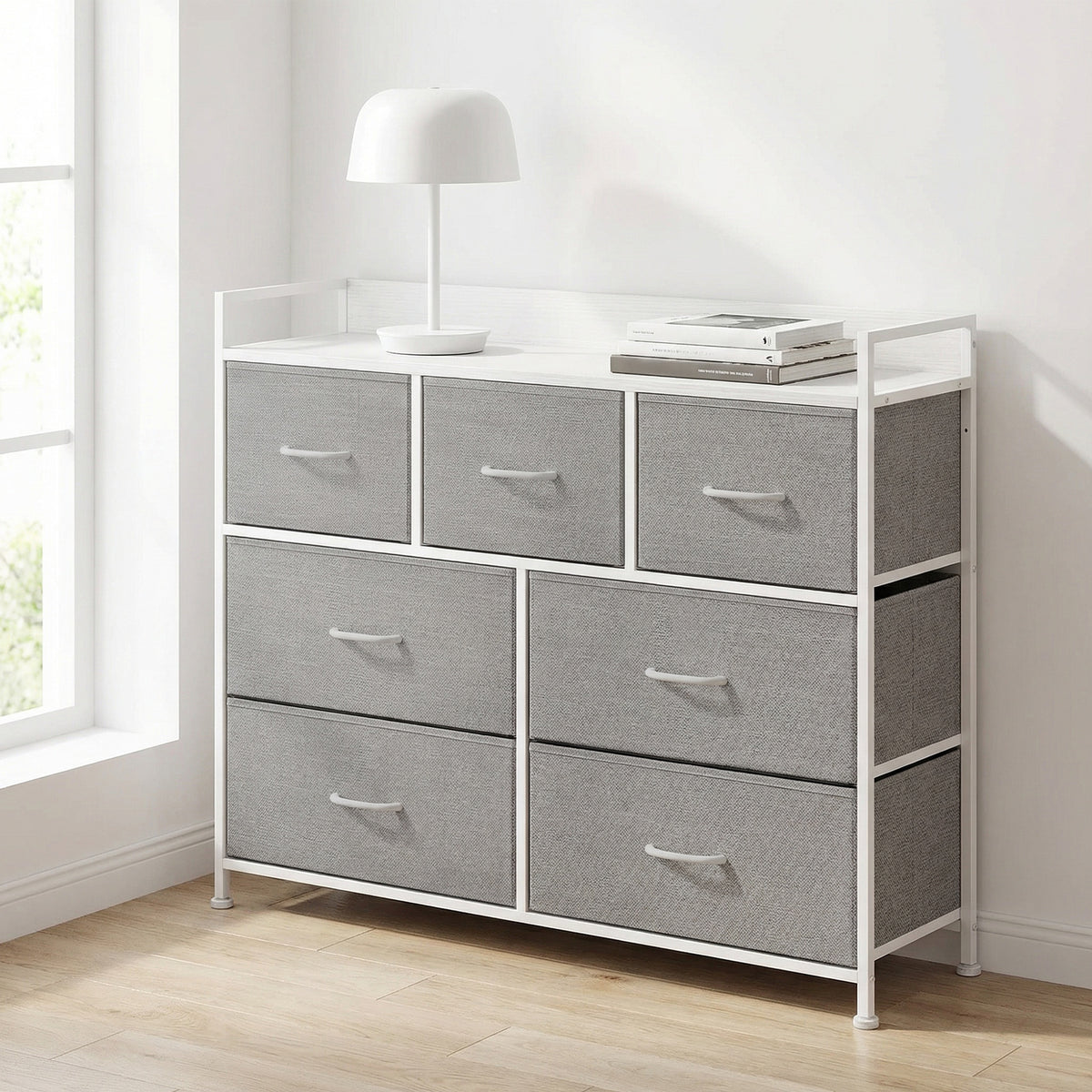 Ladekast met 7 Stoffen Lades en Metalen Frame, 28,6 x 98,1 x 85,1 cm
