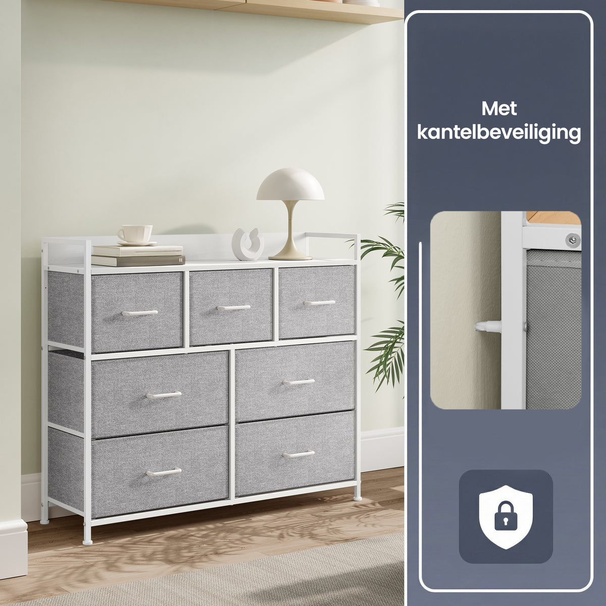 Ladekast met 7 Stoffen Lades en Metalen Frame, 28,6 x 98,1 x 85,1 cm