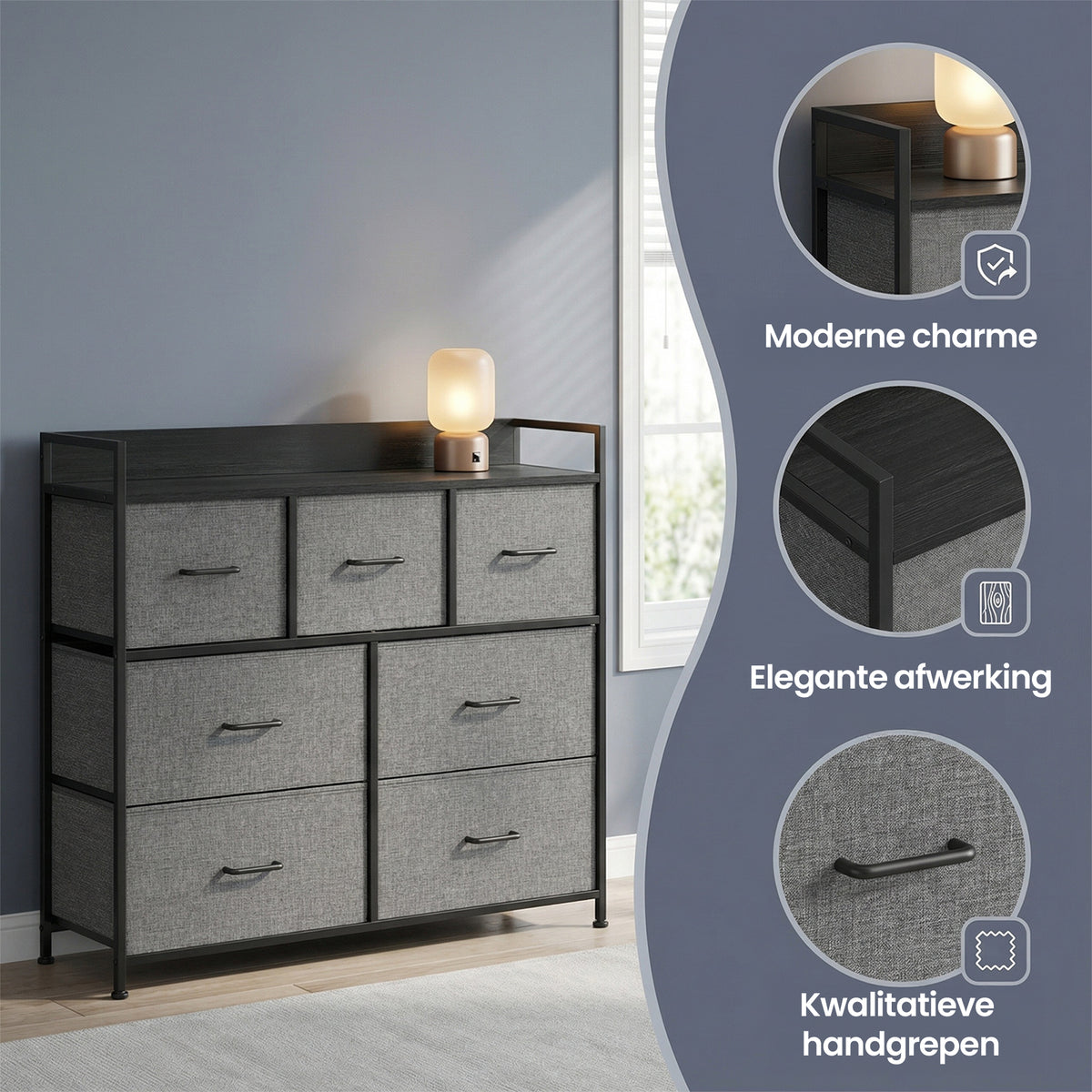 Ladekast met 7 Stoffen Lades en Metalen Frame, 28,6 x 98,1 x 85,1 cm