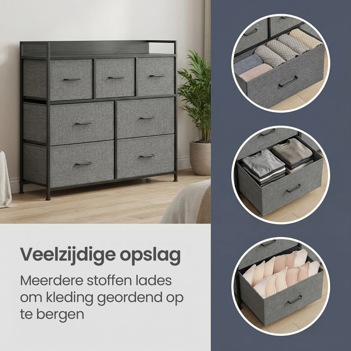 Ladekast met 7 Stoffen Lades en Metalen Frame, 28,6 x 98,1 x 85,1 cm