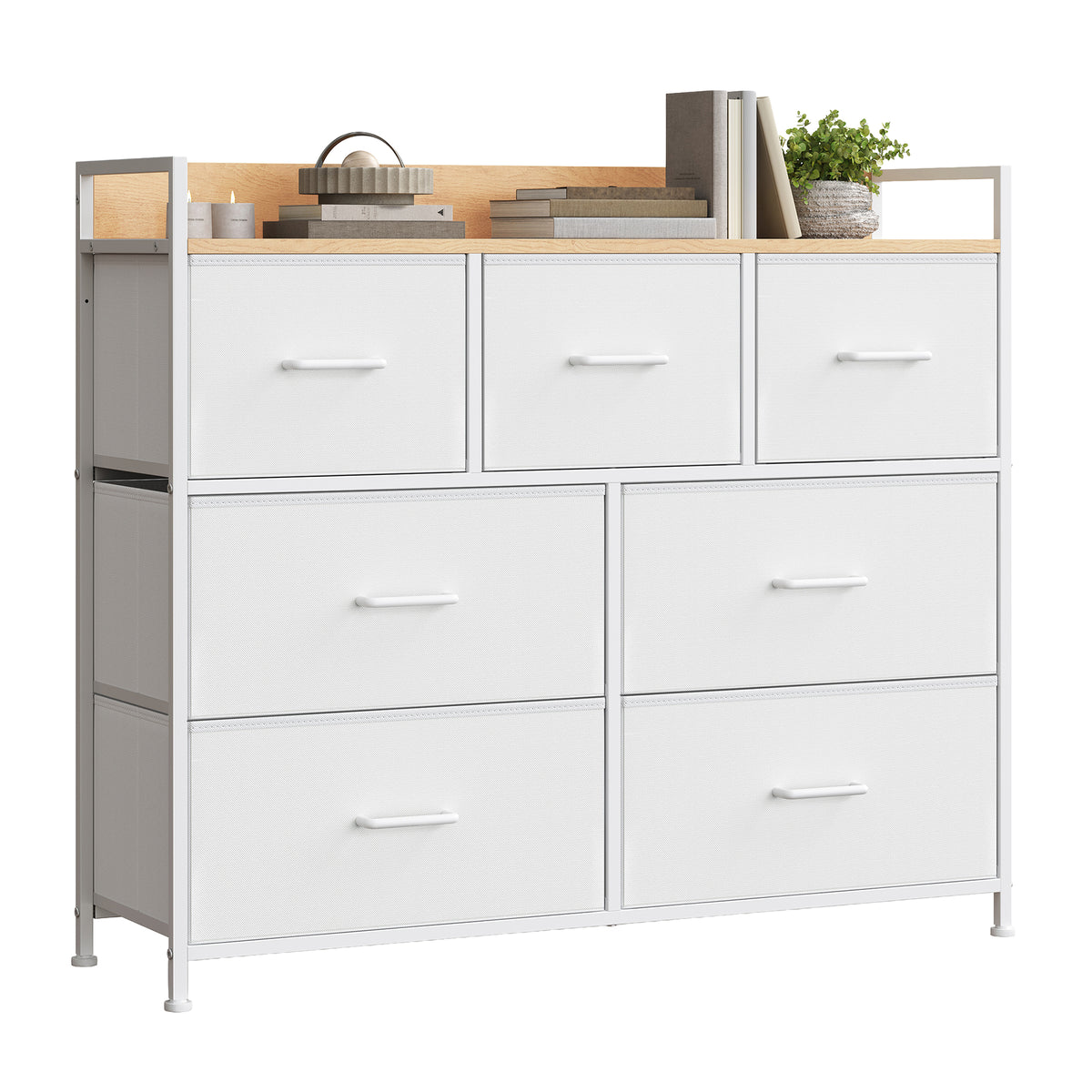 Ladekast met 7 Stoffen Lades en Metalen Frame, 28,6 x 98,1 x 85,1 cm