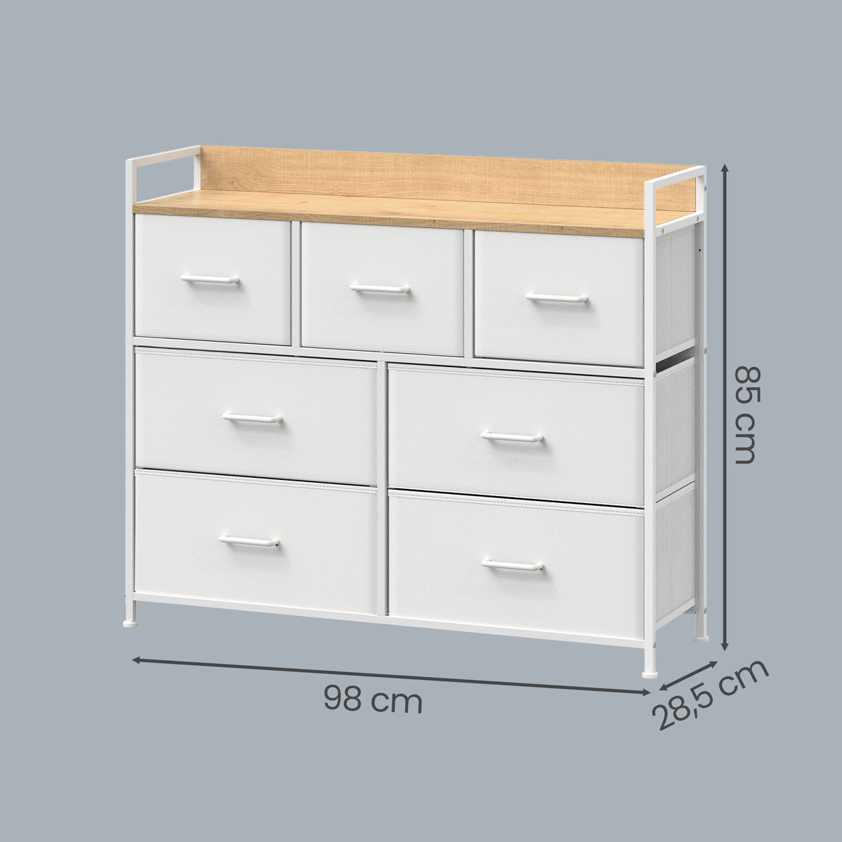 Ladekast met 7 Stoffen Lades en Metalen Frame, 28,6 x 98,1 x 85,1 cm