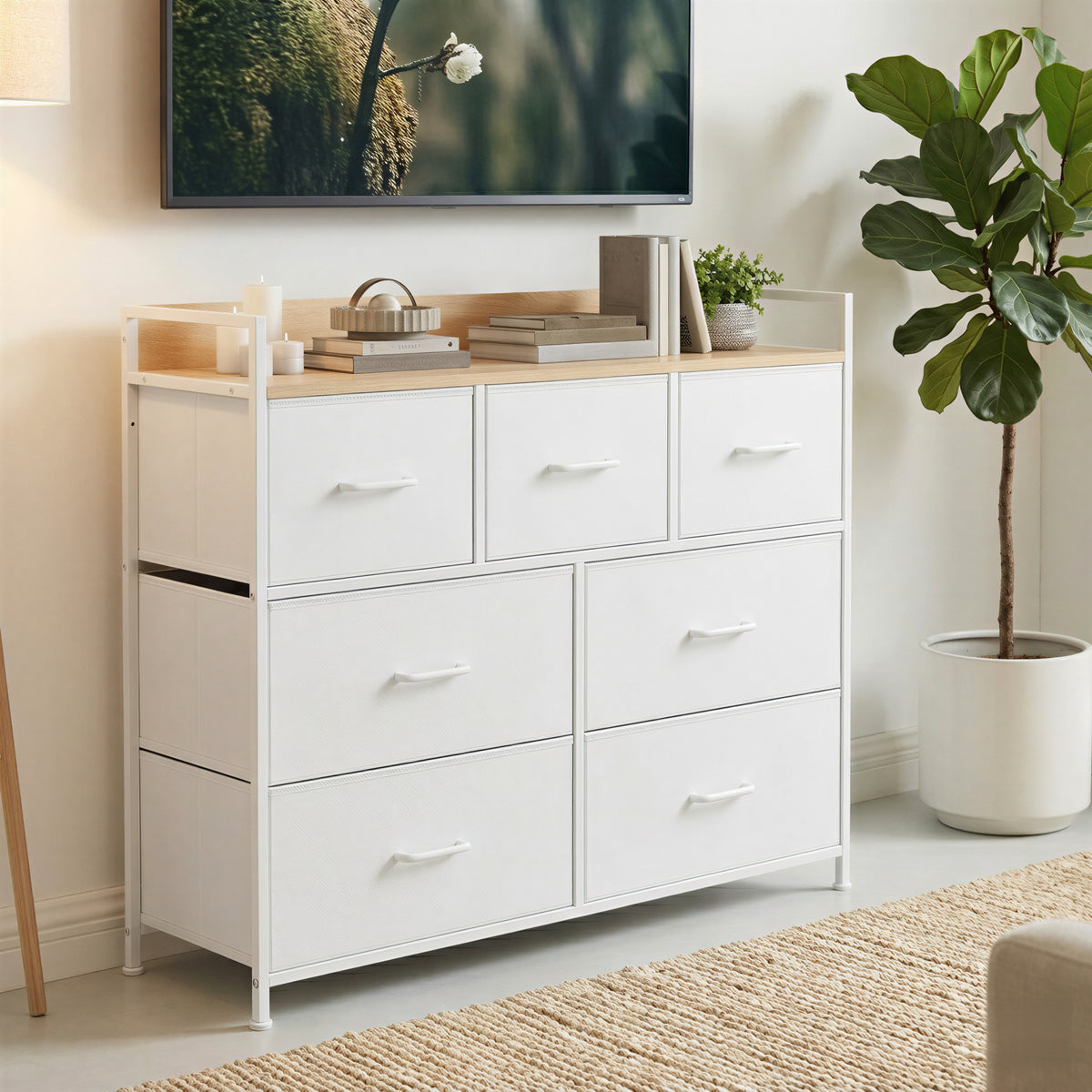 Ladekast met 7 Stoffen Lades en Metalen Frame, 28,6 x 98,1 x 85,1 cm