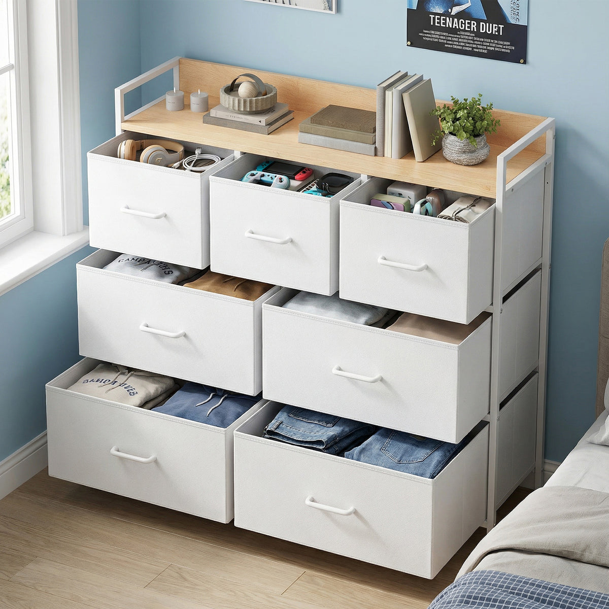 Ladekast met 7 Stoffen Lades en Metalen Frame, 28,6 x 98,1 x 85,1 cm