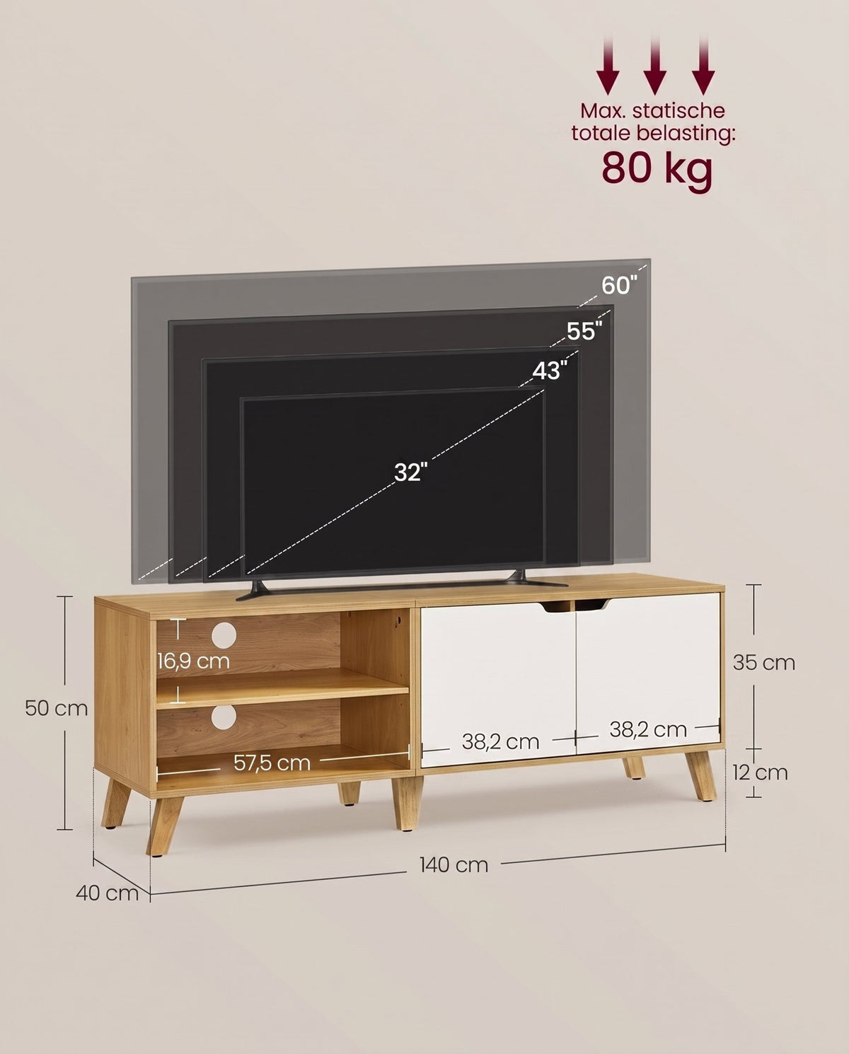 TV-meubel met 2 Deuren en Verstelbare Planken voor Tv's tot 60 Inch