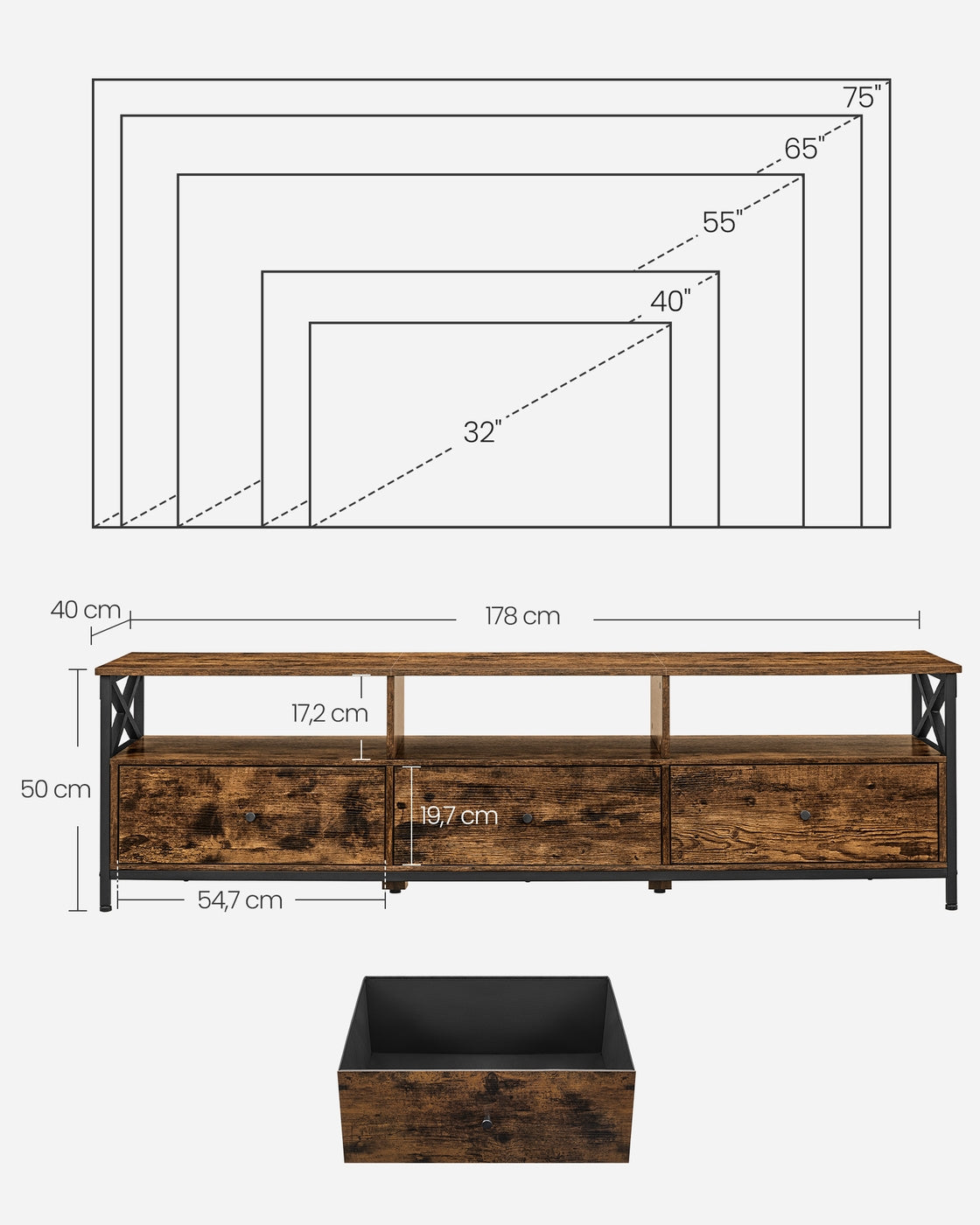 TV-meubel met 3 Lades en 3 Open Vakken, 178 cm