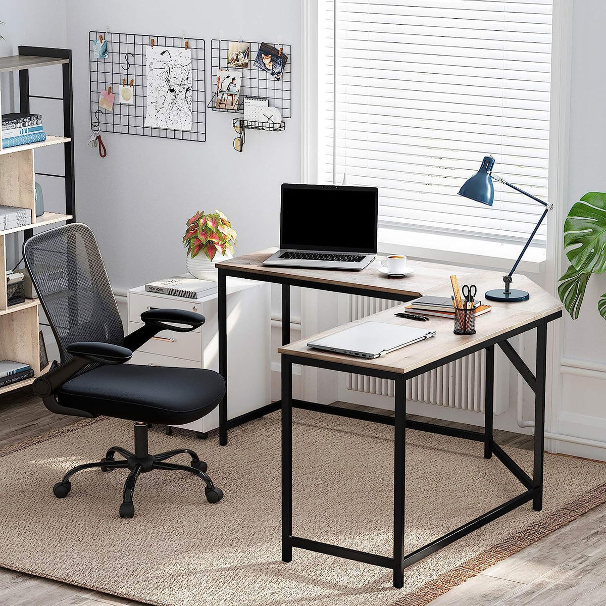 L-vormig Hoekbureau met Stalen Frame en Kabeldoorvoer