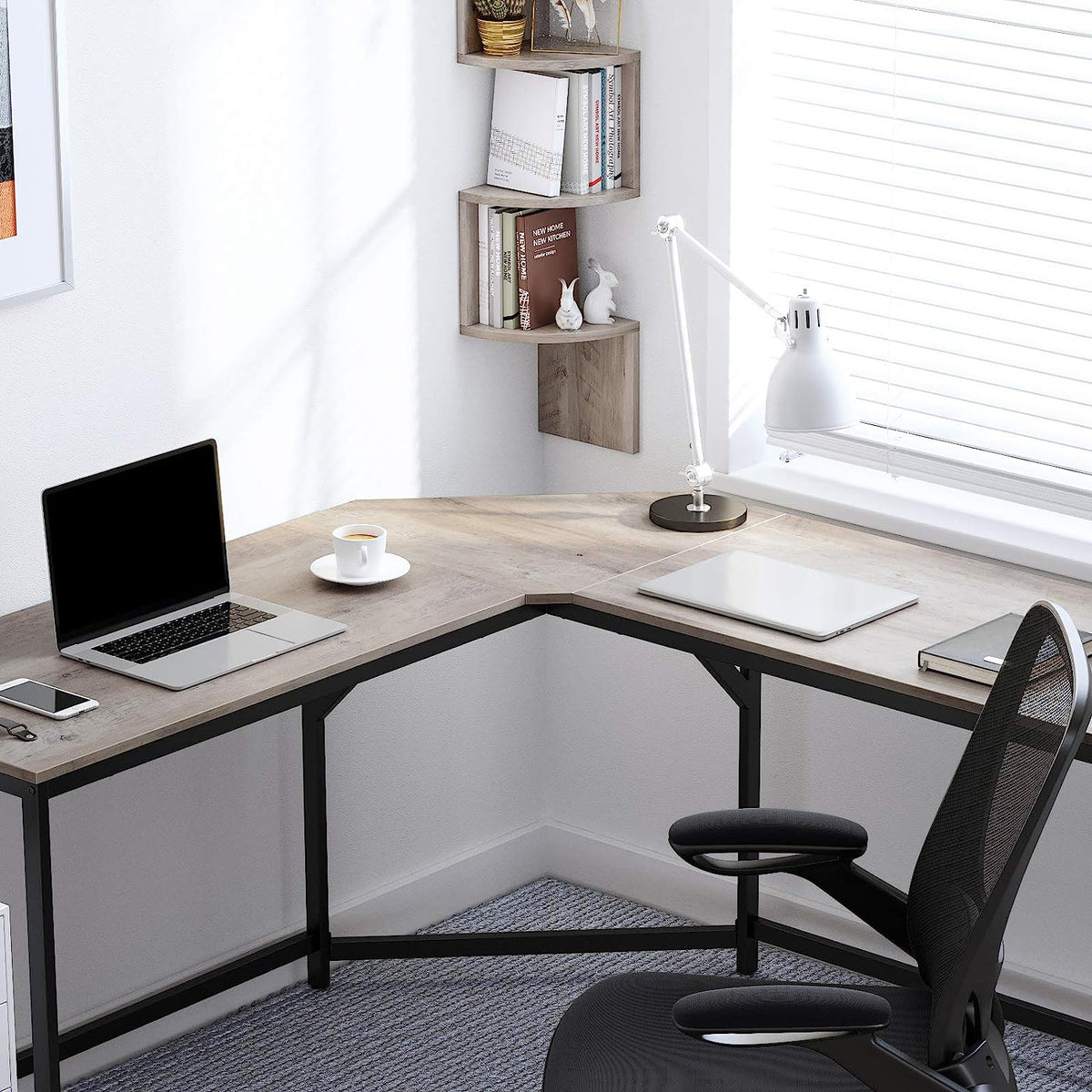 L-vormig Hoekbureau met Stalen Frame en Kabeldoorvoer