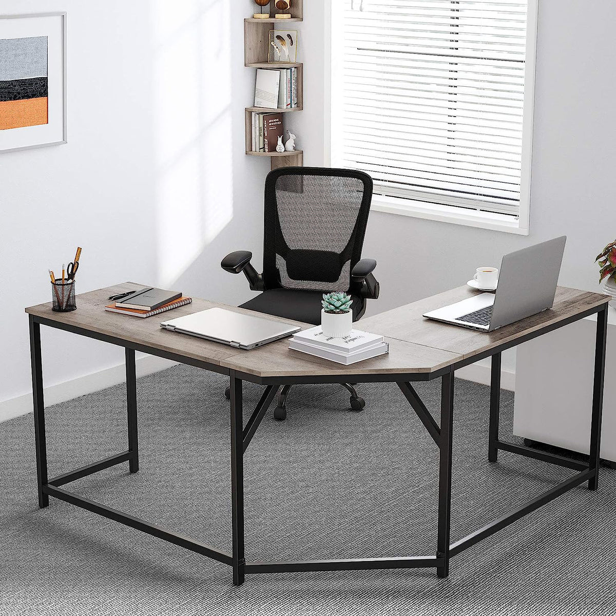 L-vormig Hoekbureau met Stalen Frame en Kabeldoorvoer