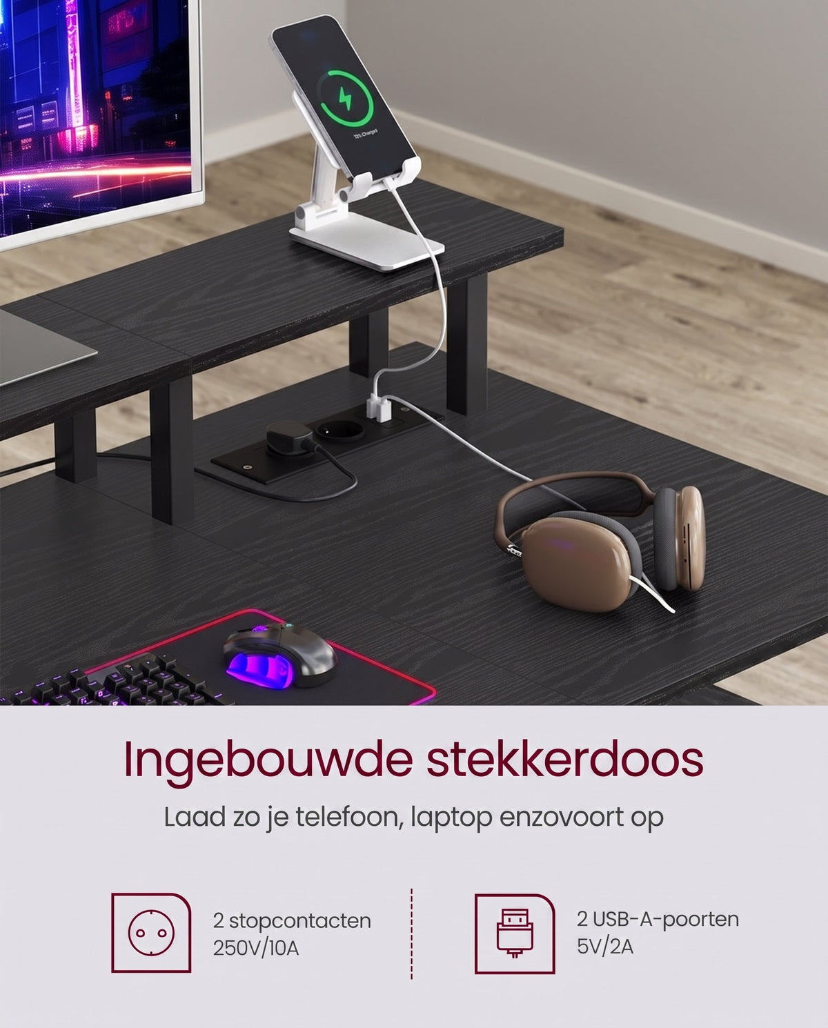 Gamingbureau met 2 Stoffen Lades, Monitorstandaard en Stopcontacten