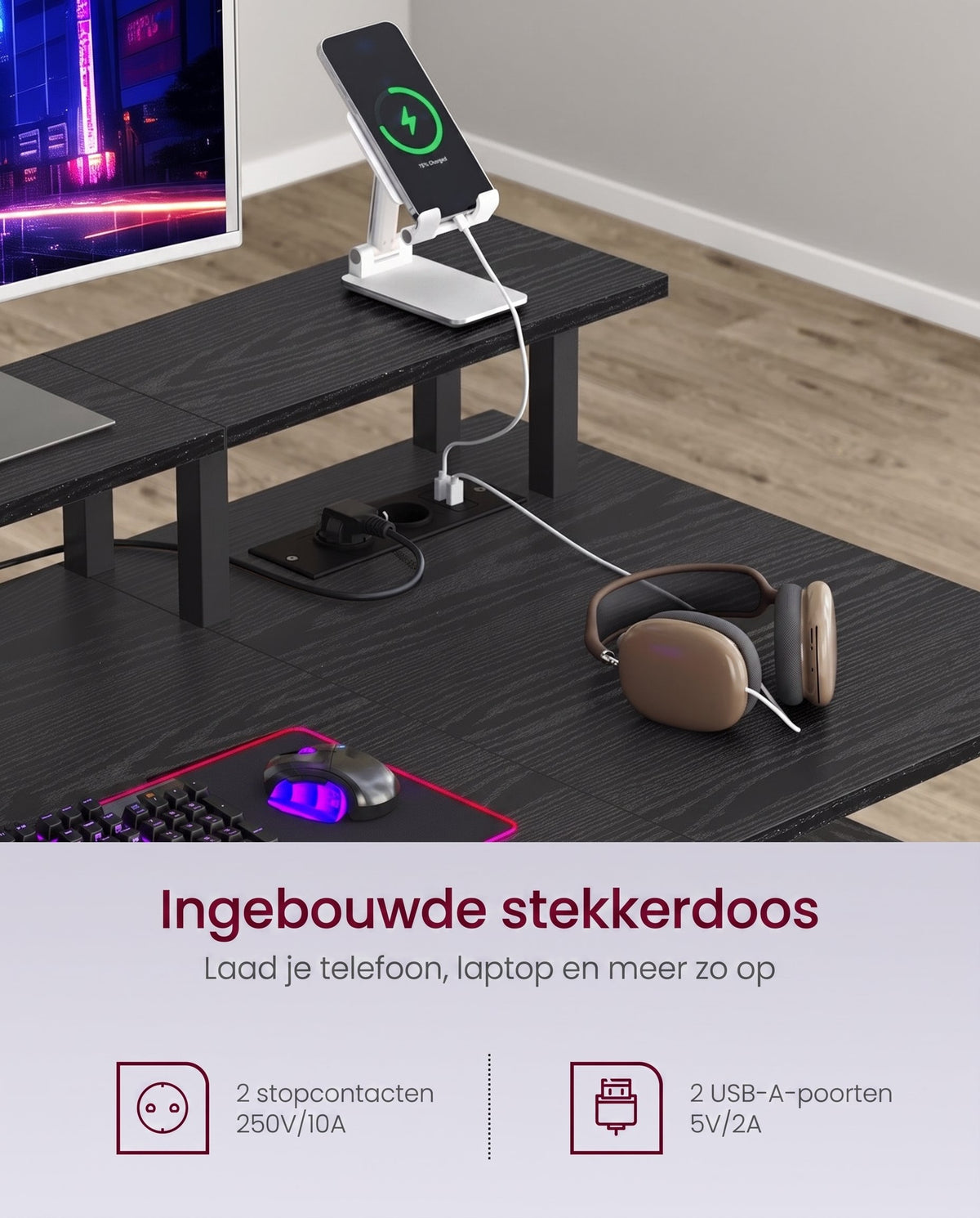 Gamingbureau met 2 Stoffen Lades, Monitorstandaard en Stopcontacten