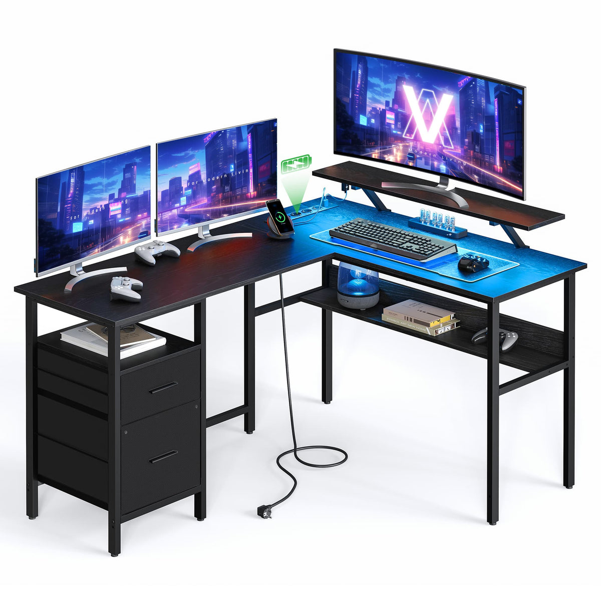 L-vormig Hoekbureau met Ledverlichting, 4 Stopcontacten en Monitorstandaard, 150 x 120 cm
