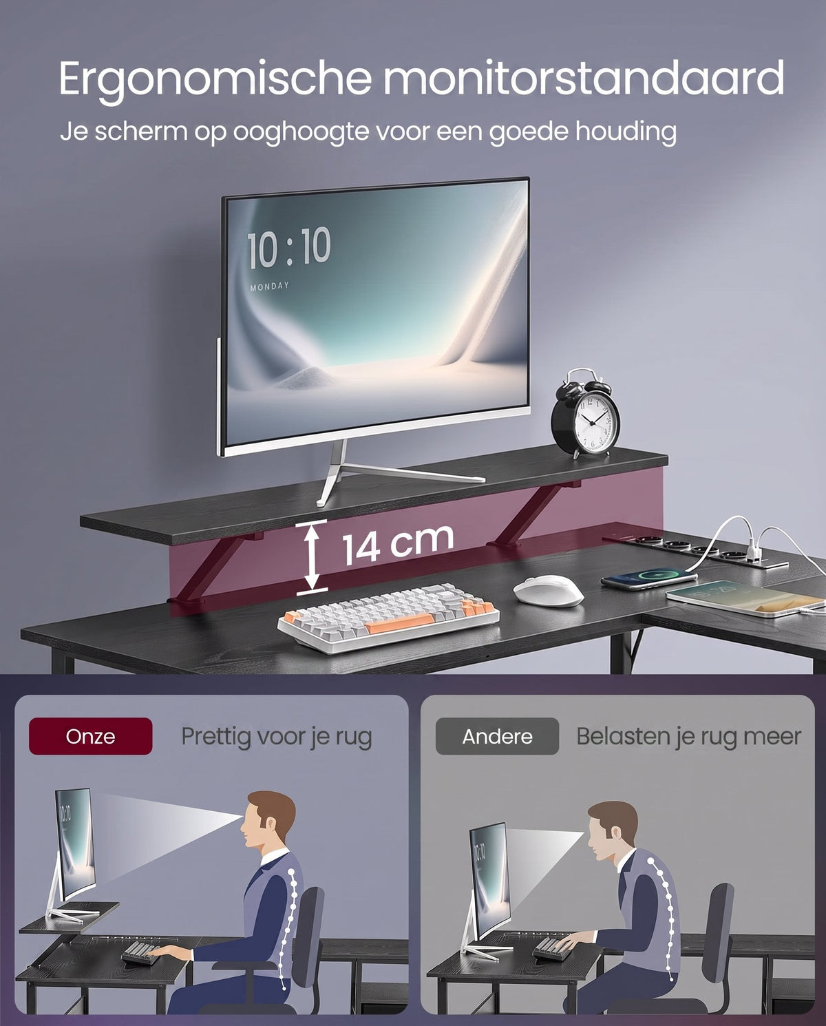L-vormig Hoekbureau met Ledverlichting, 4 Stopcontacten en Monitorstandaard, 150 x 120 cm