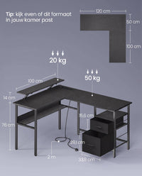 L-vormig Hoekbureau met Ledverlichting, 4 Stopcontacten en Monitorstandaard, 150 x 120 cm