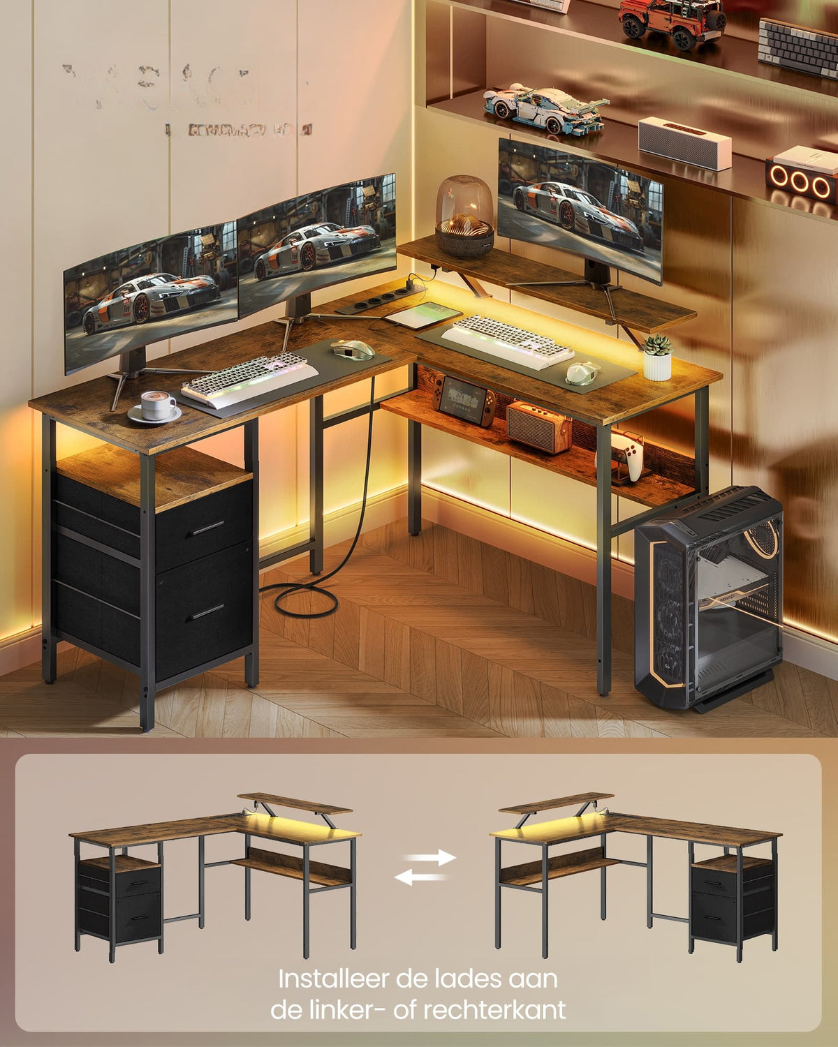 L-vormig Hoekbureau met Ledverlichting, 4 Stopcontacten en Monitorstandaard, 150 x 120 cm