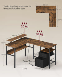 L-vormig Hoekbureau met Ledverlichting, 4 Stopcontacten en Monitorstandaard, 150 x 120 cm