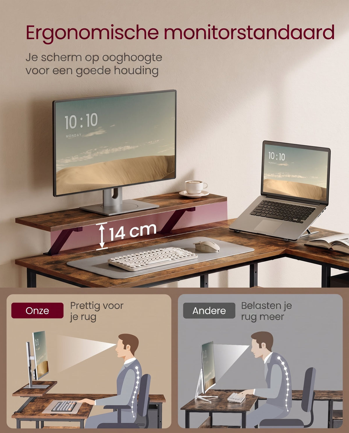 L-vormig Hoekbureau met 2 Lades en Verstelbare Plank, 135 x 105 cm