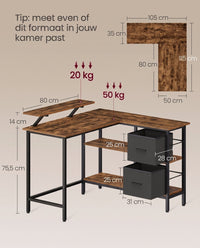 L-vormig Hoekbureau met 2 Lades en Verstelbare Plank, 135 x 105 cm