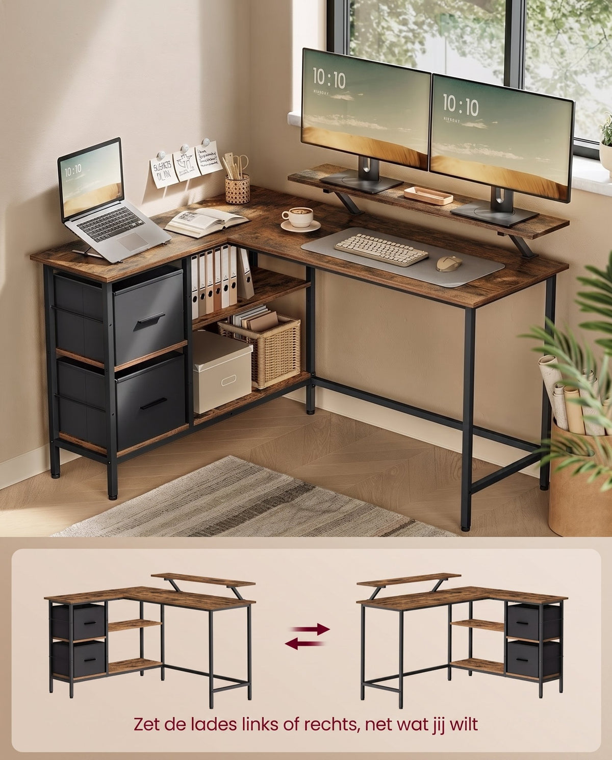 L-vormig Hoekbureau met 2 Lades en Verstelbare Plank, 135 x 105 cm