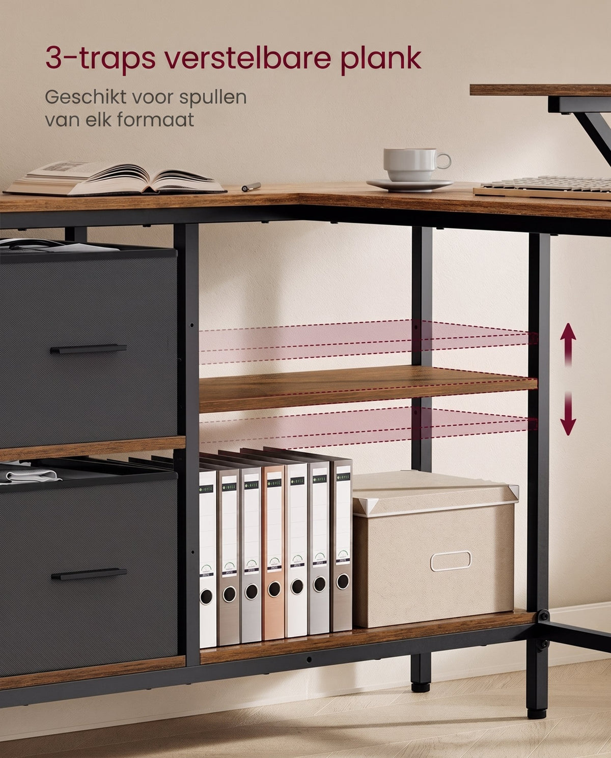 L-vormig Hoekbureau met 2 Lades en Verstelbare Plank, 135 x 105 cm