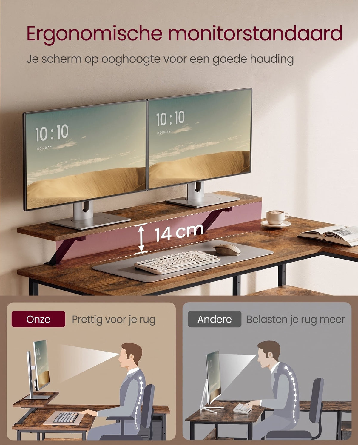 L-vormig Hoekbureau met 2 Lades en Verstelbare Plank, 135 x 105 cm