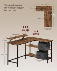 L-vormig Hoekbureau met 2 Lades en Verstelbare Plank, 135 x 105 cm