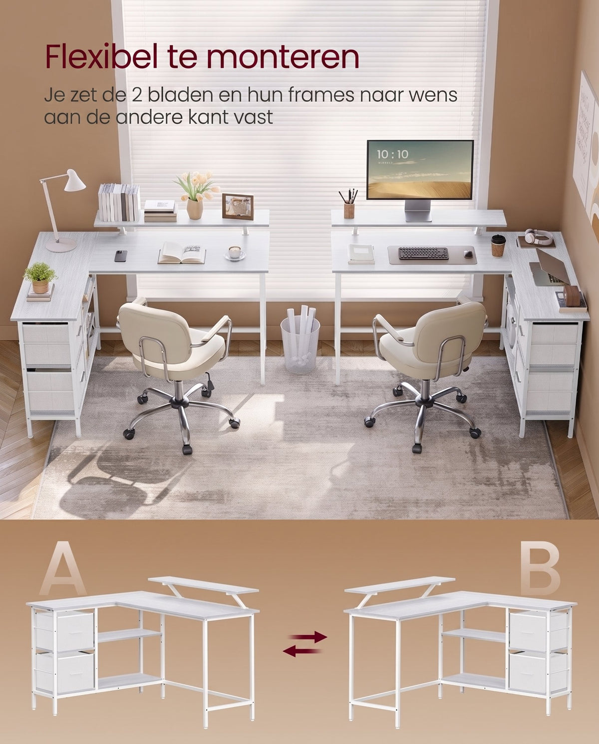 L-vormig Hoekbureau met 2 Lades en Verstelbare Plank, 135 x 105 cm