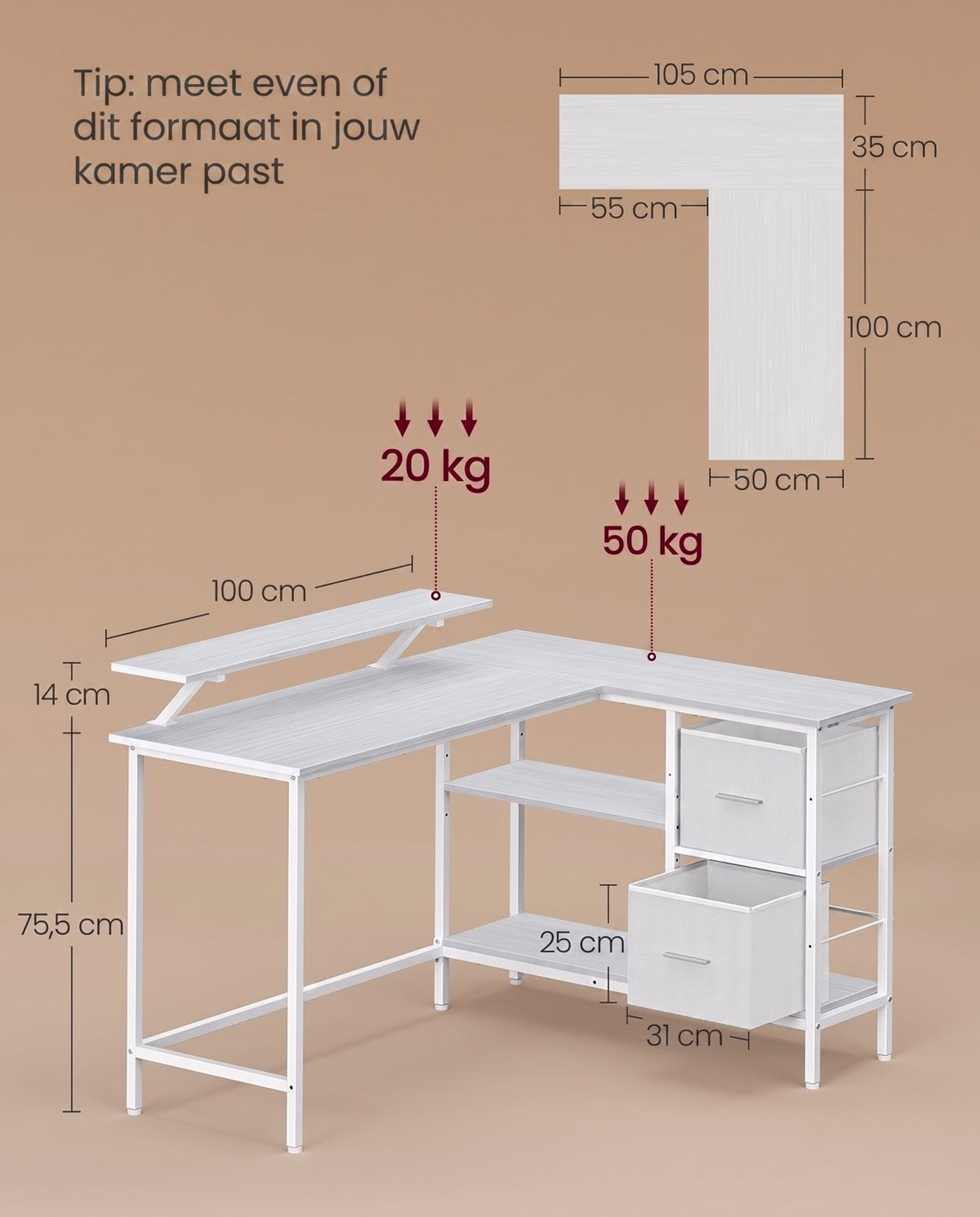 L-vormig Hoekbureau met 2 Lades en Verstelbare Plank, 135 x 105 cm